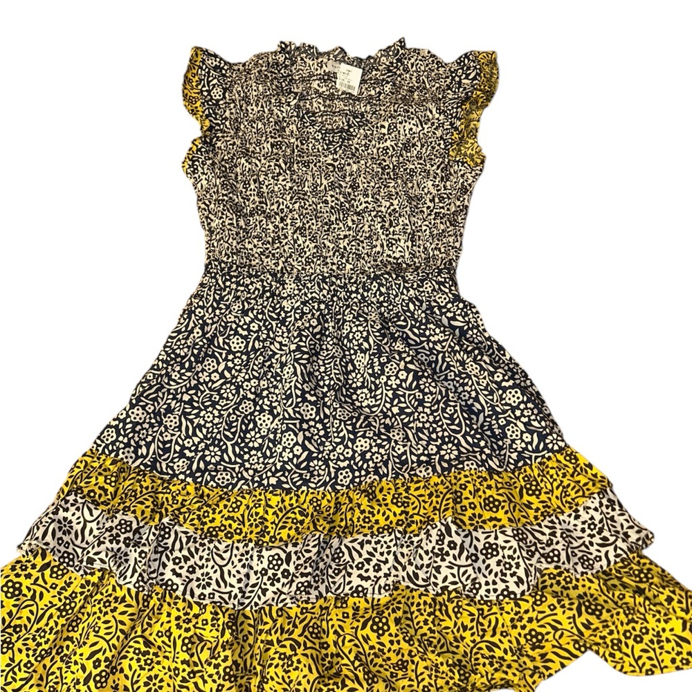Current Air Smocked Floral Black Navy Yellow Ruffled Dress XS